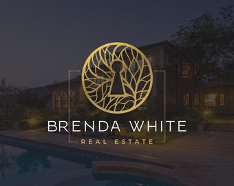 Könnte beinhalten: Ein goldenes Logo mit einem Schlüsselloch in einem Kreis aus Ästen. Der Text "Brenda White Real Estate" befindet sich unter dem Logo.