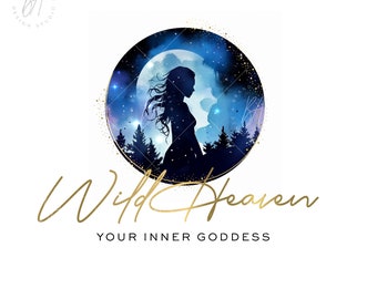 Woman Silhouette Moonlight Circle Logo, Wellness Logo Design, Watercolor Blue and Gold Branding, Yoga Logo, Health Brand Design, Meditation