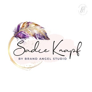 Feather Logo, Purple and Gold  Logo, Angel Logo, Breathing Logo Design, Pink Watercolor Spiritual Branding