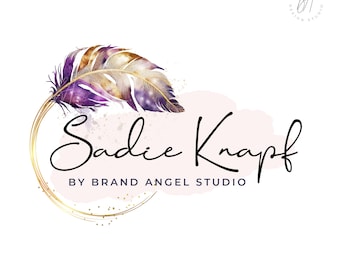 Feather Logo, Purple and Gold  Logo, Angel Logo, Breathing Logo Design, Pink Watercolor Spiritual Branding