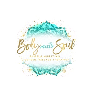 May include: A logo with the text "Body meets Soul" in gold script, centered above "ANGELA HURSTING LICENSED MASSAGE THERAPIST". The design features a teal and gold mandala with gold accents and small gold stars.