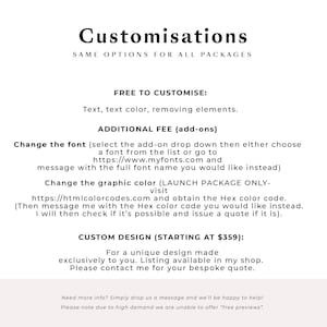 Puede incluir: Texto superpuesto sobre un fondo blanco con el encabezado "Customisations" y el subt&iacute;tulo "MISMA OPCI&Oacute;N PARA TODOS LOS PAQUETES". El texto describe las opciones de personalizaci&oacute;n de un producto, incluidas las opciones gratuitas como el texto y el color del texto, y las opciones de pago como los cambios de fuente y color gr&aacute;fico. El texto tambi&eacute;n menciona una opci&oacute;n de dise&ntilde;o personalizado a partir de $359.