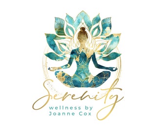 Woman Lotus Logo, Silhouette Wellness Branding Design in Gold and Teal