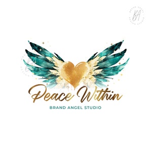 Angel Wings Logo, Teal and Gold Wings Logo, Watercolor Heart, Blue Green Branding, Peace Logo, Spiritual Logo Design, Feather Logo