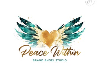 Angel Wings Logo, Teal and Gold Wings Logo, Watercolor Heart, Blue Green Branding, Peace Logo, Spiritual Logo Design, Feather Logo