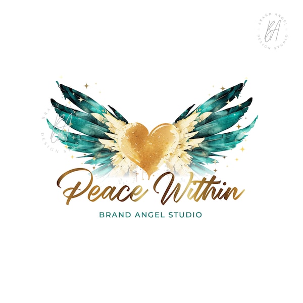 Logotipo de alas de ángel, logotipo de alas en verde azulado y dorado, corazón de acuarela, marca azul verdosa, logotipo de paz, diseño de logotipo espiritual, logotipo de plumas