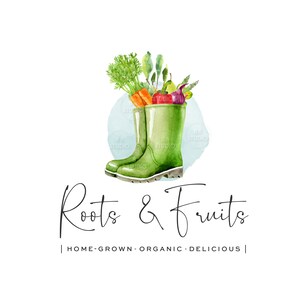 Gardening Logo - Vegetable Logo - Wellies Logo - Premade Logo Design -  Farm Logo and Branding - Allotment Logo - Rustic Logo - Vegan Logo