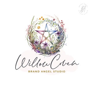 May include: A watercolour logo design. A five-pointed star is at the centre, encircled by a floral wreath with purple, yellow, and green hues. The words "Willow Coven" are written in script below, with "Brand Angel Studio" underneath.