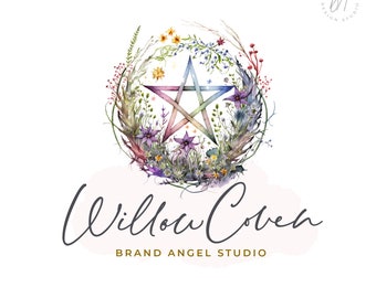Pentagram Logo Design, Witch Logo, Wicca Branding Design, Pagan Shop Logo, Hedge Witch Circle, Magic Store Logo Watercolor