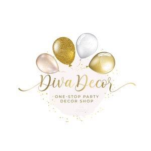 Balloon Logo and Branding - Party Planning Logo Balloons - Premade Logo Design - Event Logo - Pink  Watercolor Logo - Gold White Logo -