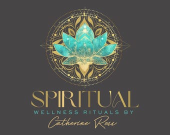 Wellness Spiritual Mandala Logo, Gold and Teal lotus,  Holistic Branding Design