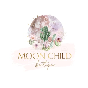 Premade Logo Design and Branding - Boho Moon Cactus Logo - - Desert Rose Logo -  Watercolor Moon Logo - Moon Child Logo - Rose Moon Logo