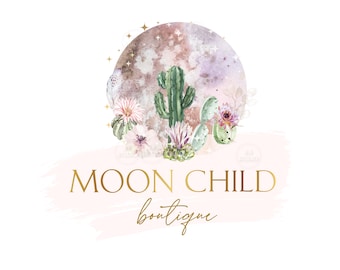 Premade Logo Design and Branding - Boho Moon Cactus Logo - - Desert Rose Logo -  Watercolor Moon Logo - Moon Child Logo - Rose Moon Logo