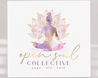 Woman Lotus Logo, Silhouette Wellness Branding Design in Gold and Pink Pastel