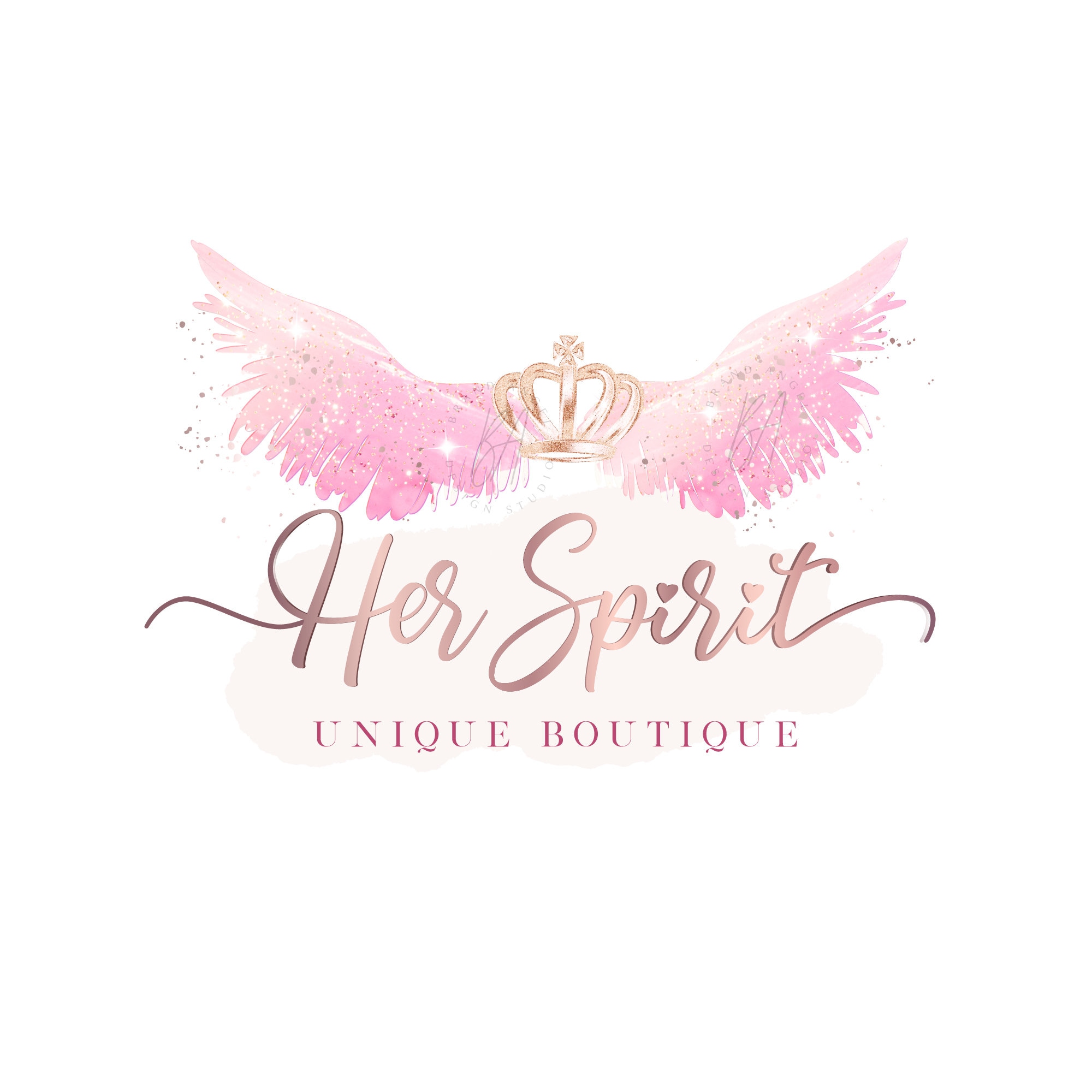 Angel Wings Design Premade Logo Pink Crown and Wings Rose