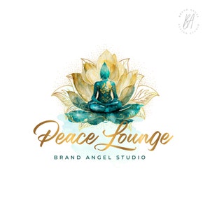 Logotipo de loto dorado y verde azulado, logotipo de la paz, marca de salud y bienestar, logotipo de masajes, logotipo de terapias, logotipo de yoga, logotipo de meditación sentada y relajante