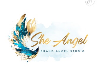 Angel Wings Logo, Teal and Gold Wings Logo, Watercolor Blue Gold Branding, Peace Logo, Spiritual Logo Design, Feather Logo