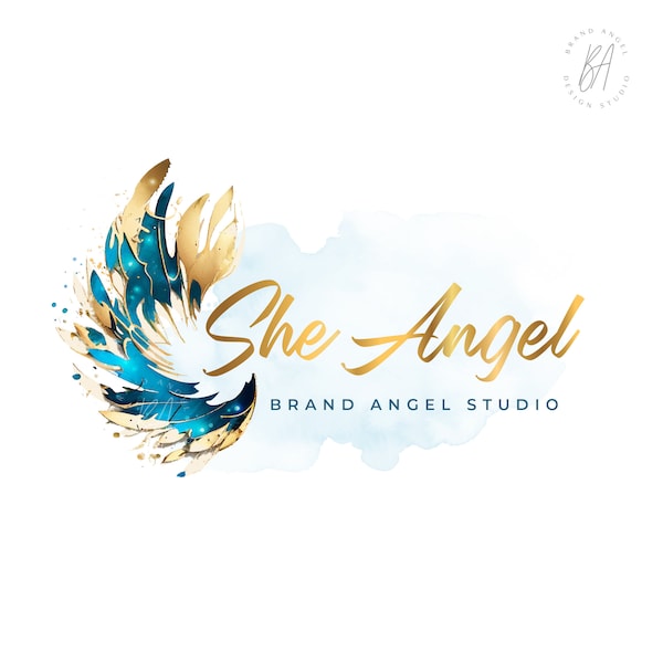 Angel Wings Logo, Teal and Gold Wings Logo, Watercolor Blue Gold Branding, Peace Logo, Spiritual Logo Design, Feather Logo