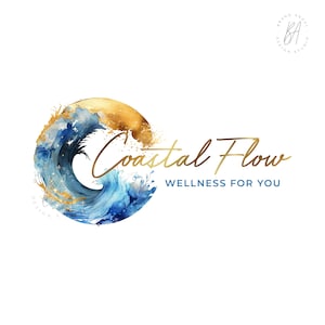 Blue Wave Logo Design, Abstract Wellness Logo, Health Branding Design, Watercolor Ink, Ocean Logo, Ocean Wave Logo