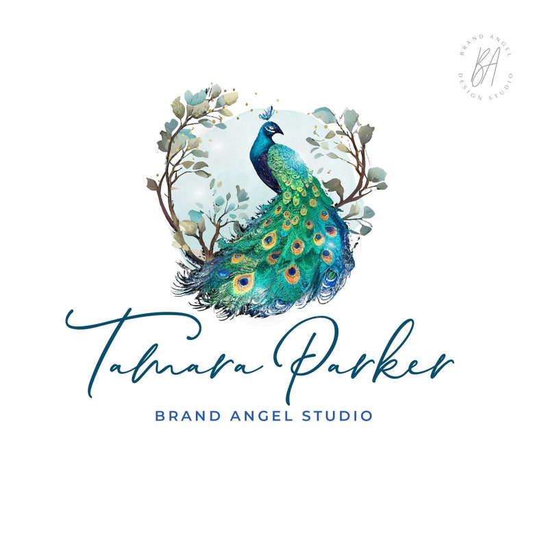 Peacock Logo, Nature Branding with Blue Feather, Watercolor Peacock Logo Design, Wellness and Beauty Logo, Good Luck Logo image 1