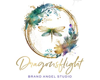 Dragonfly Watercolor Logo - Premade Logo Design -  Logo Design and Branding Package - Boutique Logo - Crystal Logo - Mystic Logo - Spa Logo