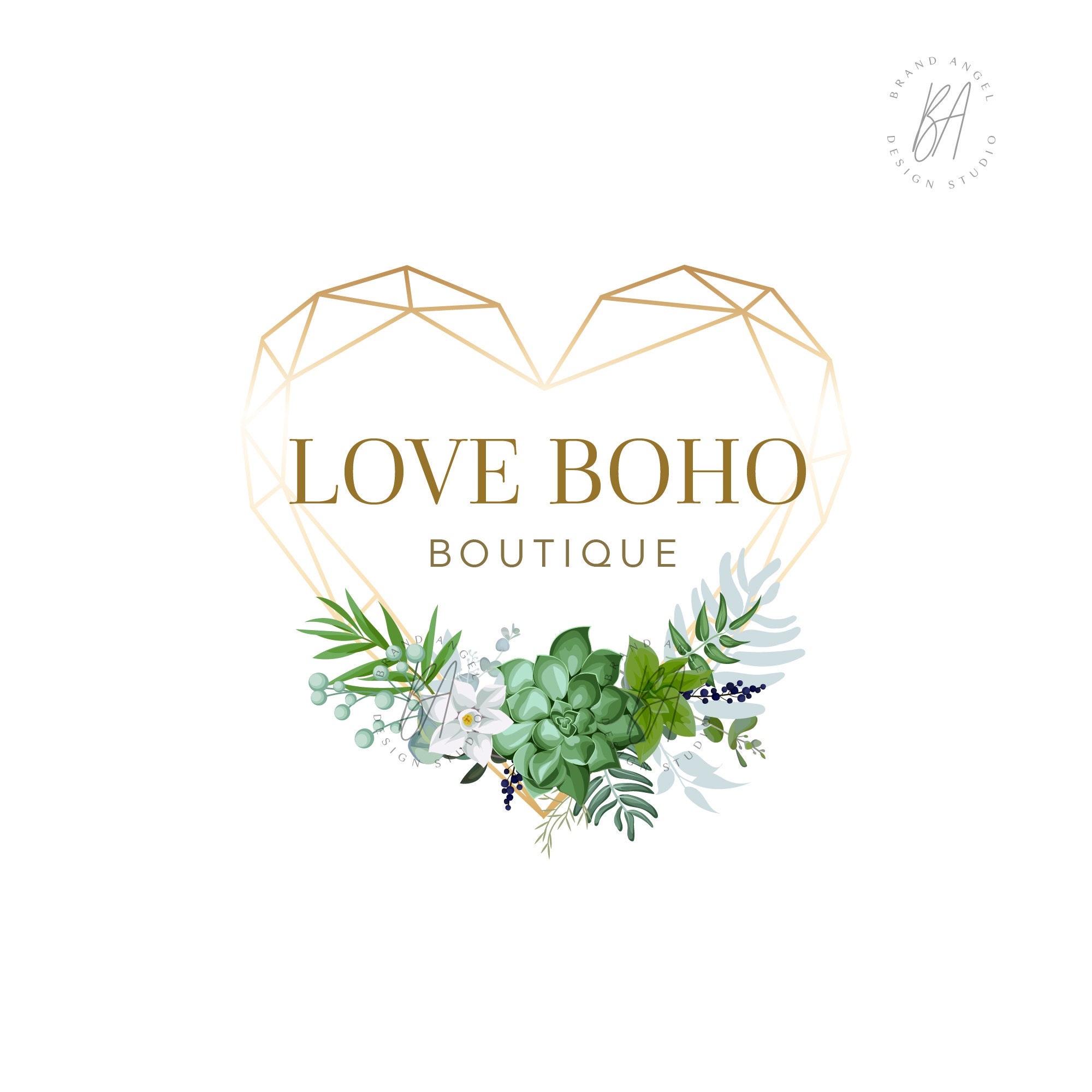 Golden Crystal Heart Logo Design Premade Logo Business Branding Haute Couture Logo Boutique Logo Floral Logo Store Logo Spiritual Logo Brand