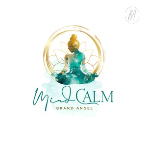 Woman Silhouette Lotus Pose Circle Logo, Wellness Logo Design, Watercolor Teal and Gold Branding, Yoga Logo, Health Brand Design, Meditation