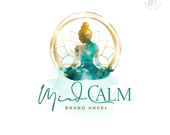 Woman Silhouette Lotus Pose Circle Logo, Wellness Logo Design, Watercolor Teal and Gold Branding, Yoga Logo, Health Brand Design, Meditation