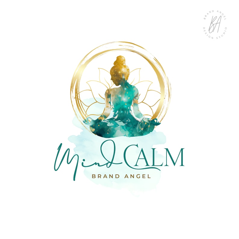 lotus pose silhouette woman logo, meditation branding design, gold lotus logo