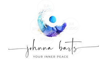 Diseño de logotipo de bienestar - Lavado de acuarela - Pilates - Diseño de logotipo prediseñado - Logotipo de salud - Paquete de diseño de logotipo y marca - Logotipo azul y dorado
