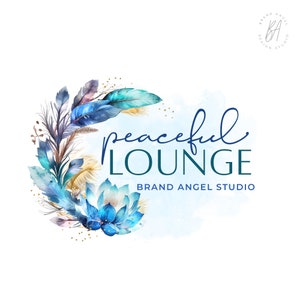 Blue Lotus Logo, Feathers Logo Design, Watercolor Wreath Brand, Wellness Logo, Health Branding Kit, Therapy Logo