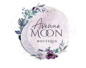 Silver Moon Logo - Premade Logo Design  Business Branding  - Silver Moon Floral Circle Logo - Boutique Logo - Spiritual Logo - Mystical Logo