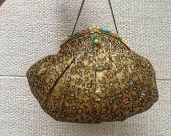 30s Unique Ed B Robinson Brocade Evening Bag Beaded Top and Clasp, Geometric Pattern