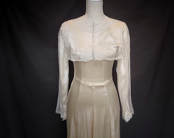 vintage 1930s silk satin wedding gown with lace cover long sleeve with lace top