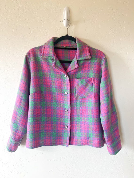 Cute! Pink/Light Green Plaid Wool Jacket