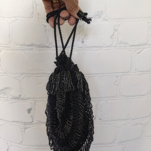 Rare And Collectible late 1800s: Antique black reticule beaded bag shops in good condition. Gorgeous!