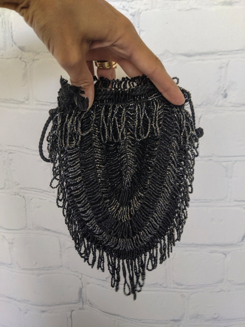 Rare And Collectible late 1800s: Antique black reticule beaded bag shops in good condition. Gorgeous!