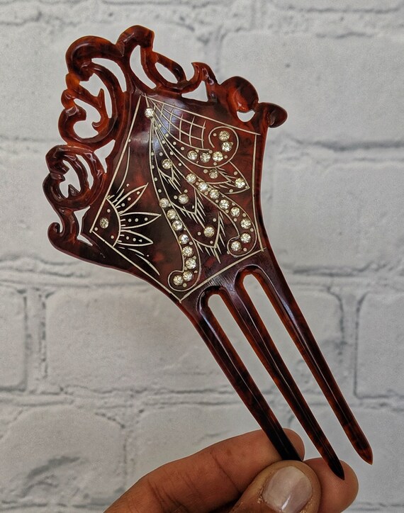 Victorian Asymmetrical Hair Comb with Carved and P