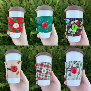 Christmas Cup Cozies, Holiday, Winter, Cup Coozies, Cup Coozy, Fabric Drink Sleeve, Red and Green Plaid, Holly, Gingerbread, Mittens, Trees
