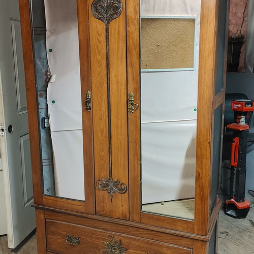 Antique Wardrobe Armoire Locking Beveled Mirror Door Etsy