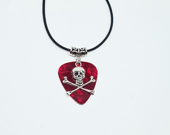 Guitar Pick Necklace Red Skull Cross Bones Music Pendant Goth Jewellery Metallic Punk 80s Heavy Metal Costume