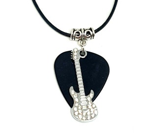 Guitar Pick Plectrum Rhinestone Diamond Sparkly Black Rock Fender Guitar Necklace Jewellery 80s Heavy Metal Costume