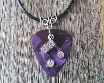 Guitar Pick Plectrum Rhinestone Diamond Sparkly Purple Rock Musical Note Quaver Necklace Jewellery 80s Heavy Metal Costume
