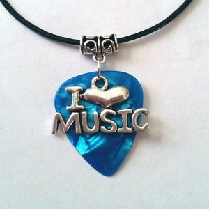 Light Blue Guitar Pick Celluloid plectrum I Love Music Pendant Necklace Jewellery Rock Metal 80s metal themed jewellery