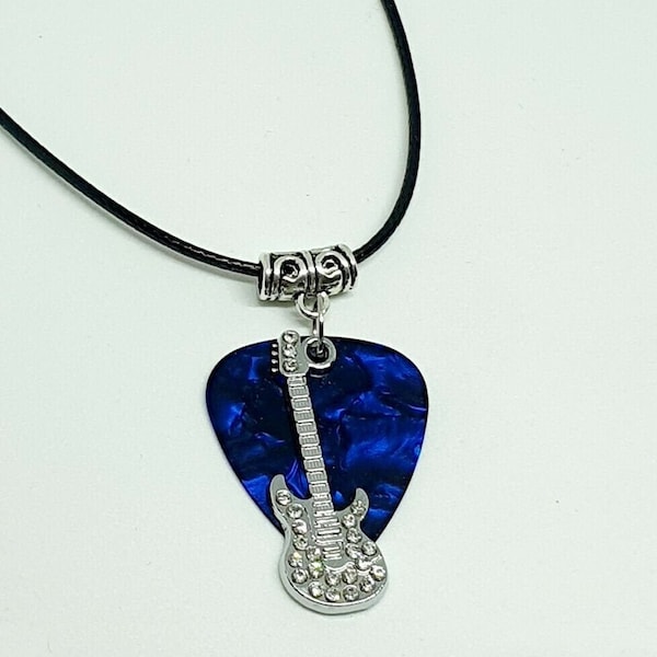 Guitar Pick Plectrum Rhinestone Diamond Sparkly Blue Rock Fender Guitar Necklace Jewellery 80s Heavy Metal Costume
