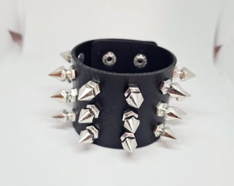 Faux Leather Studded Wristband Stud Strap Spiked Cuff Punk Rock Men Women 3 Row Black Silver Rivet Screw on Studs Heavy Metal Rock Jewelry