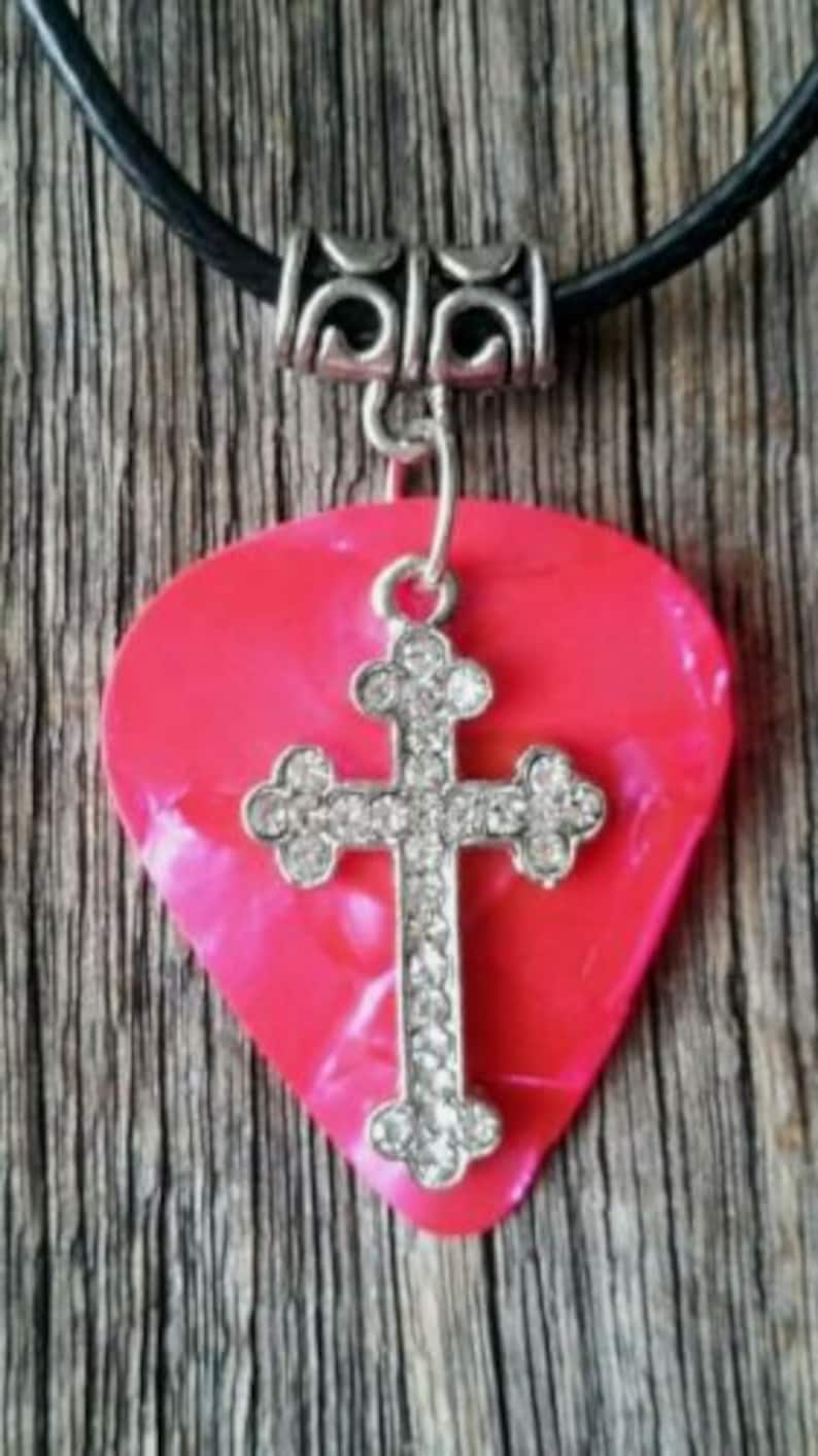 Guitar Pick Plectrum Rhinestone Pink Goth Crucifix Cross Ozzy Osbourne Necklace Jewellery Black Sabbath Cross 80s Heavy Metal Costume