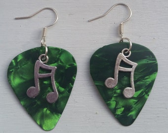 Green Guitar Pick Plectrum Quaver Music Pendant Earrings Jewellery Costume Glam Rock Chick Bon Jovi 80s Costume Punk Goth