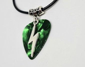 Thunder Lightning Bolt Necklace Guitar Pick Charm Pendant David Bowie Jewellery Goth Punk 80s Heavy Metal Costume Ace Frehley Green