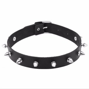 May include: Black leather choker with silver metal spikes.